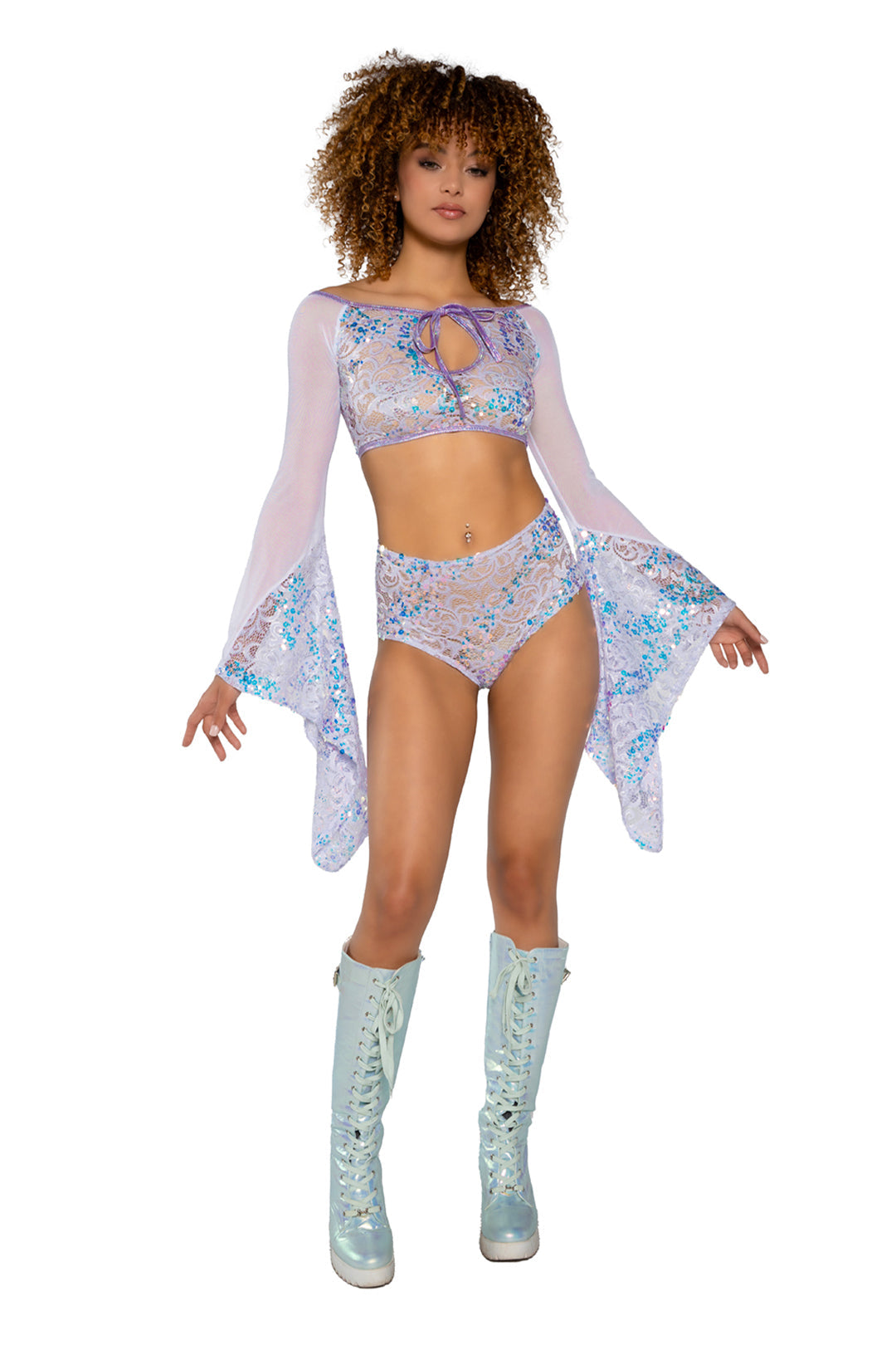 Sequin lace high-waist shorts rave outfit, view 5